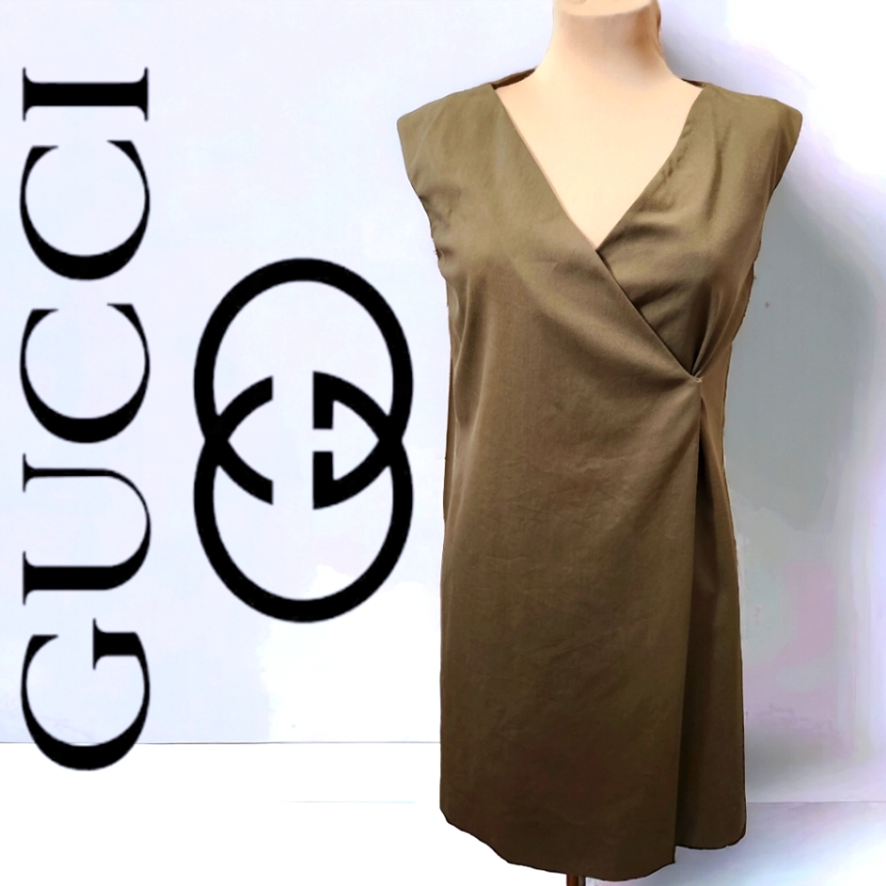 GUCCI Sage Green Silk & Cotton Faux Wrap Dress - 42 EU - Picture 3 of 15